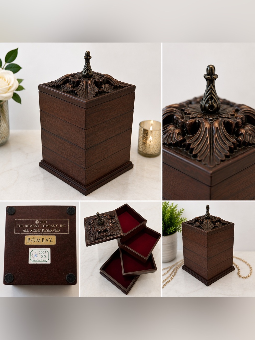 Bombay Brown Wood Jewelry Box with Carved Bronze-Tone Lid